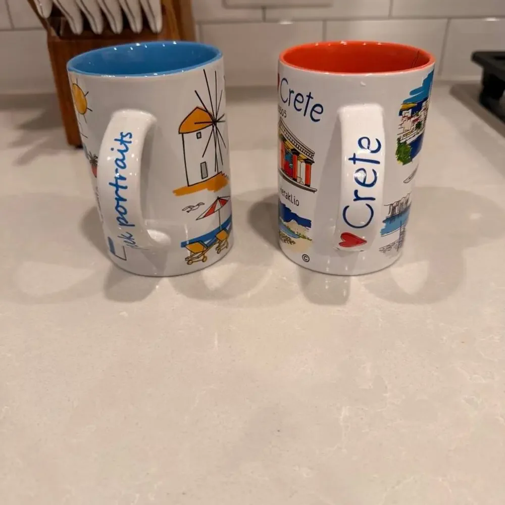 Set of 2 Aegean Art Greece Souvenir Mugs Portraits of Greece & Crete Cups